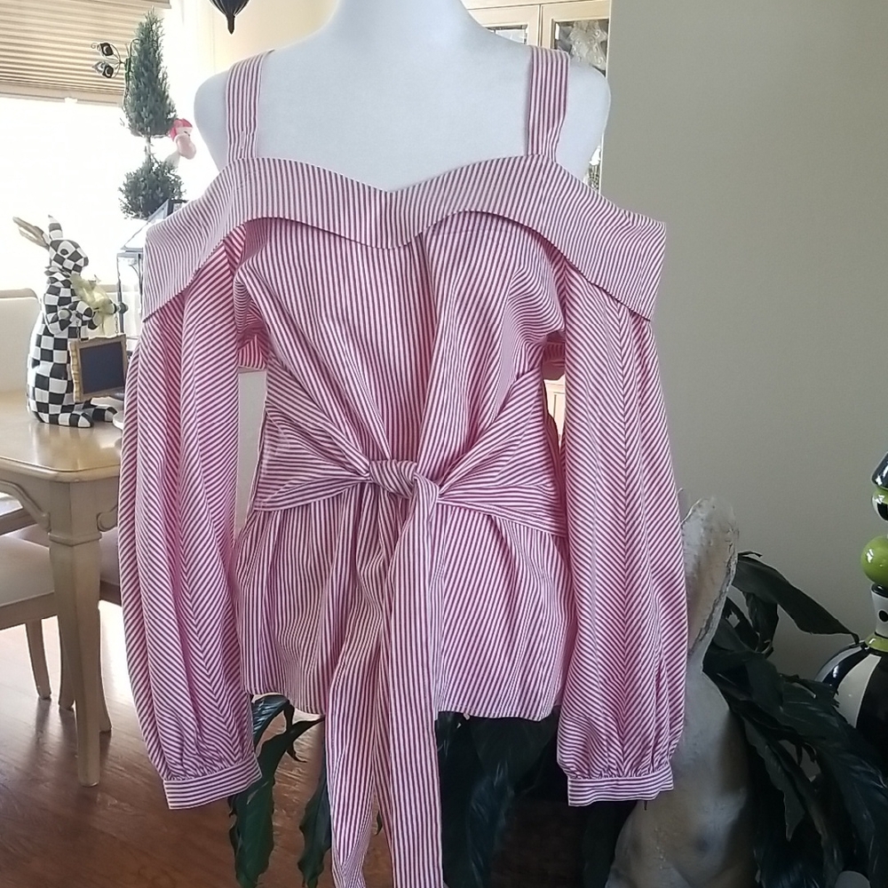 Laundry By Shelli Segal Red and White Striped Cold-Shoulder Blouse